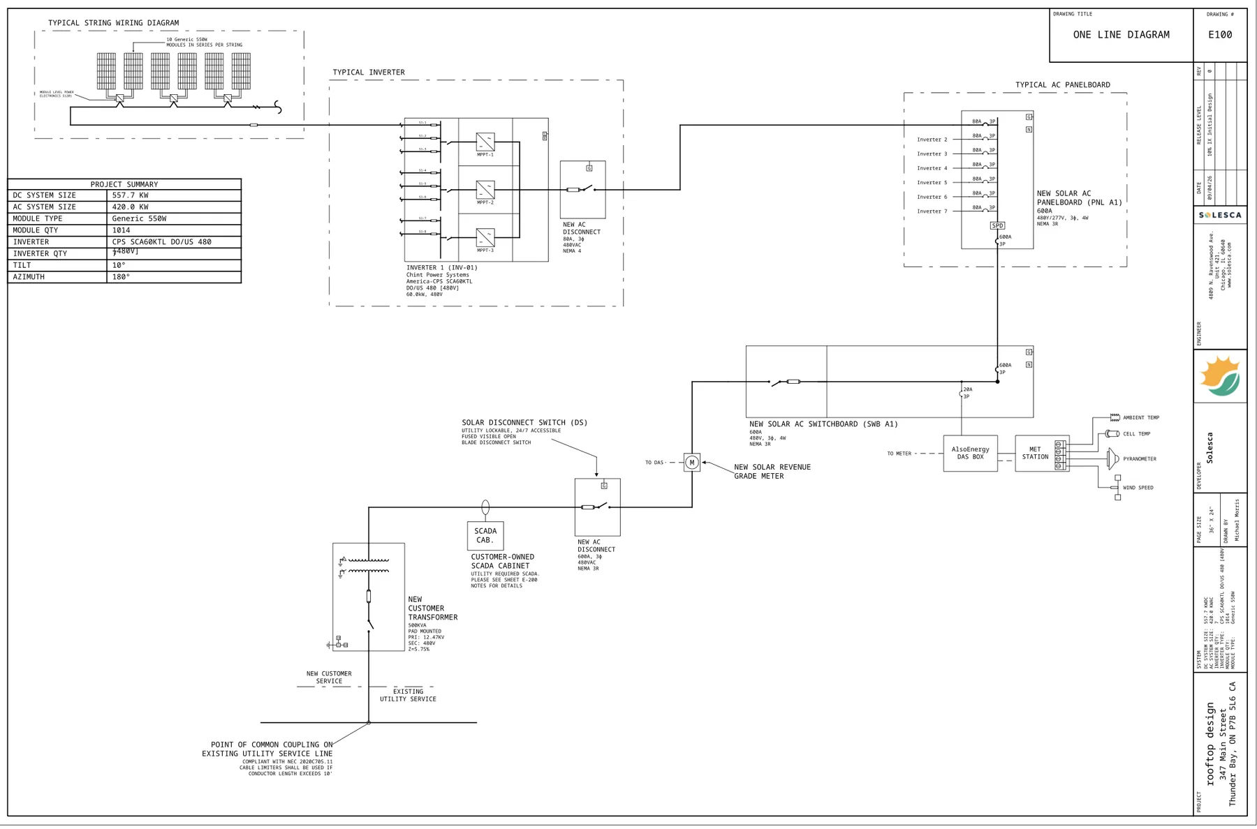 Sheet E100 one-line diagram: inverters, AC panelboard, switchboard, meter and utility service