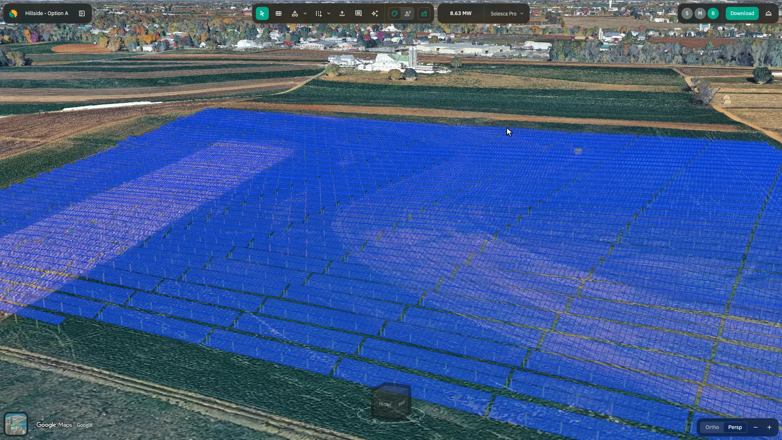 A fixed-tilt ground-mount layout following the terrain, designed in Solesca