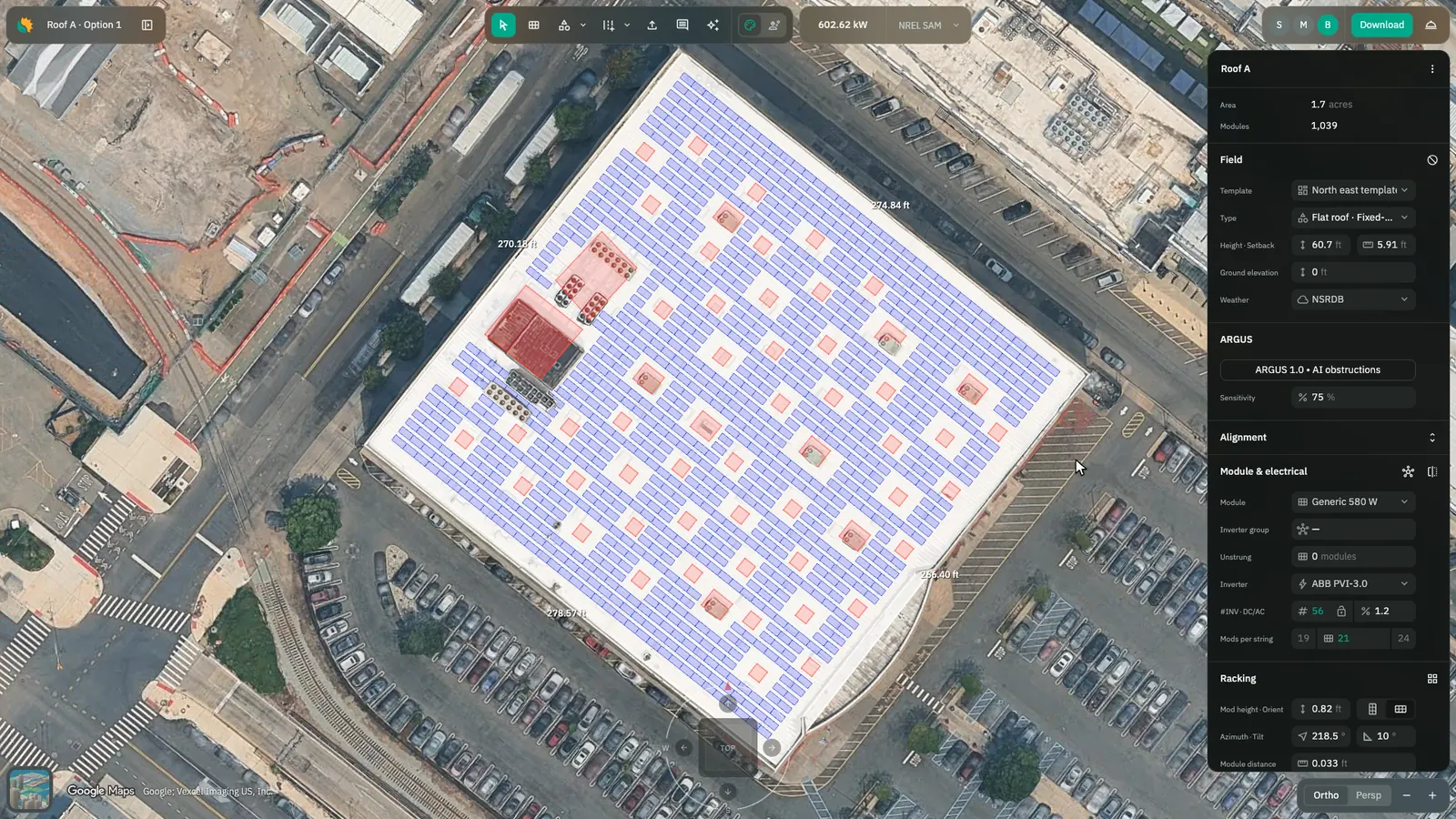 A rooftop array designed in Solesca, laid out around HVAC units and skylights